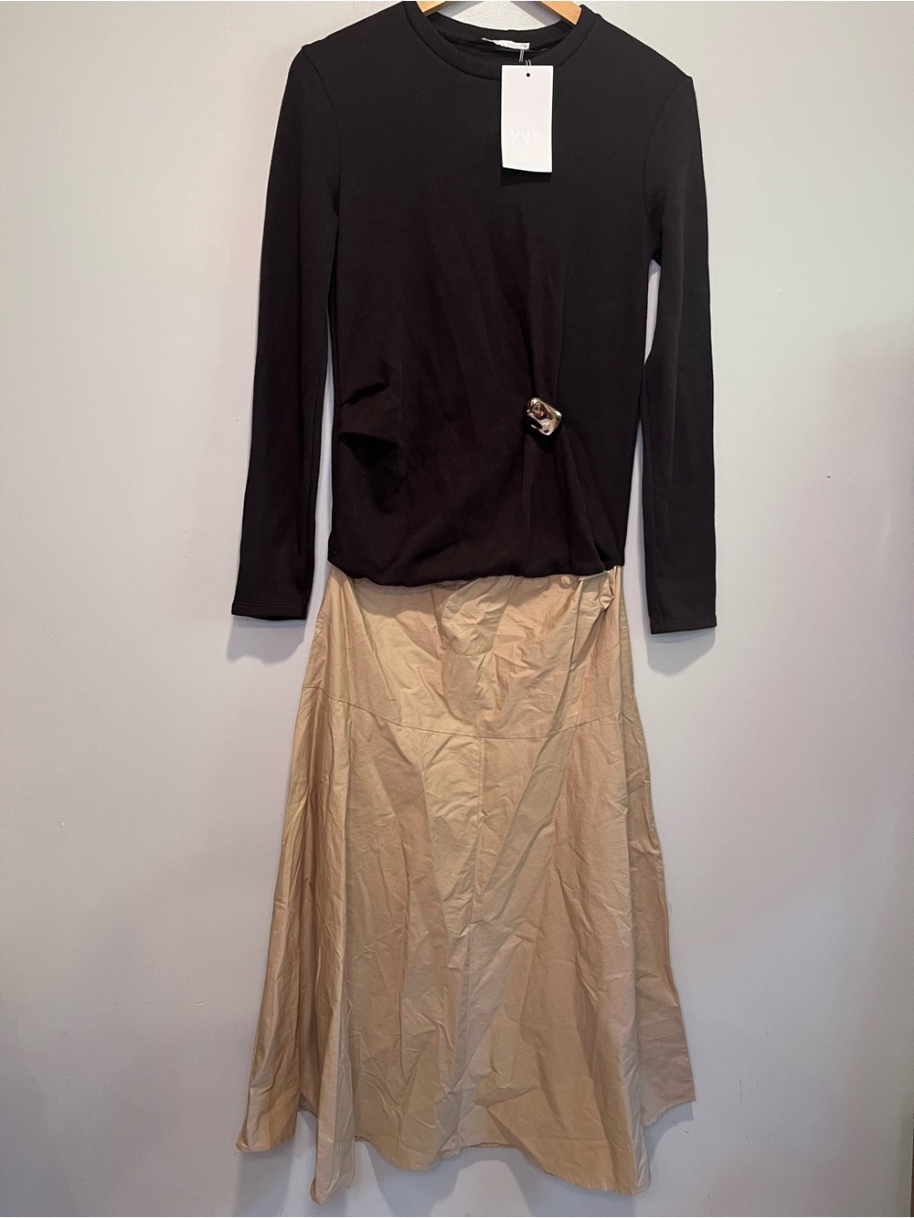 NWT Zara Black Top with Beige Maxi Skirt Set
